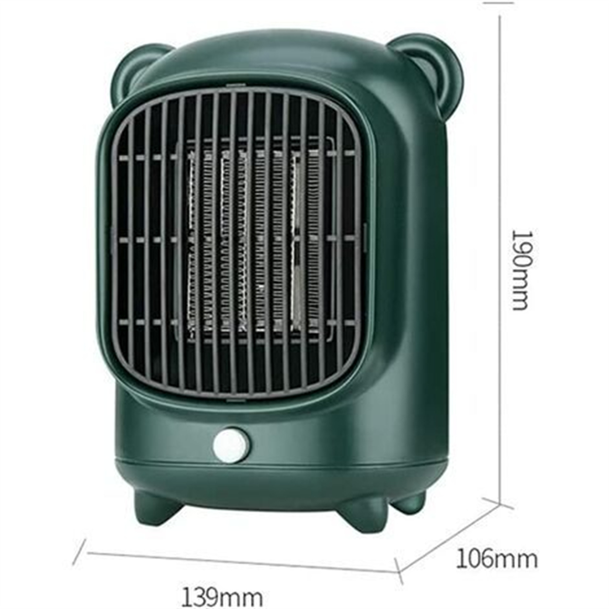 Grüner, bärenförmiger Heizlüfter. Mit Grill und Bedienelementen. Abmessungen: 190 mm x 139 mm x 106 mm.