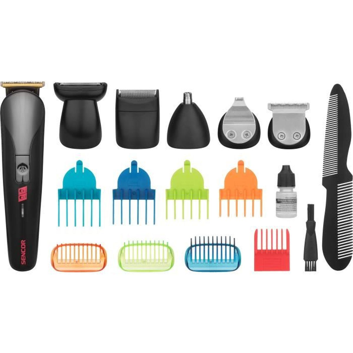 Set aus Haarschneider und Aufsätzen. Enthält Haarschneider, verschiedene Kammaufsätze, Öl, einen Kamm und andere Aufsätze.