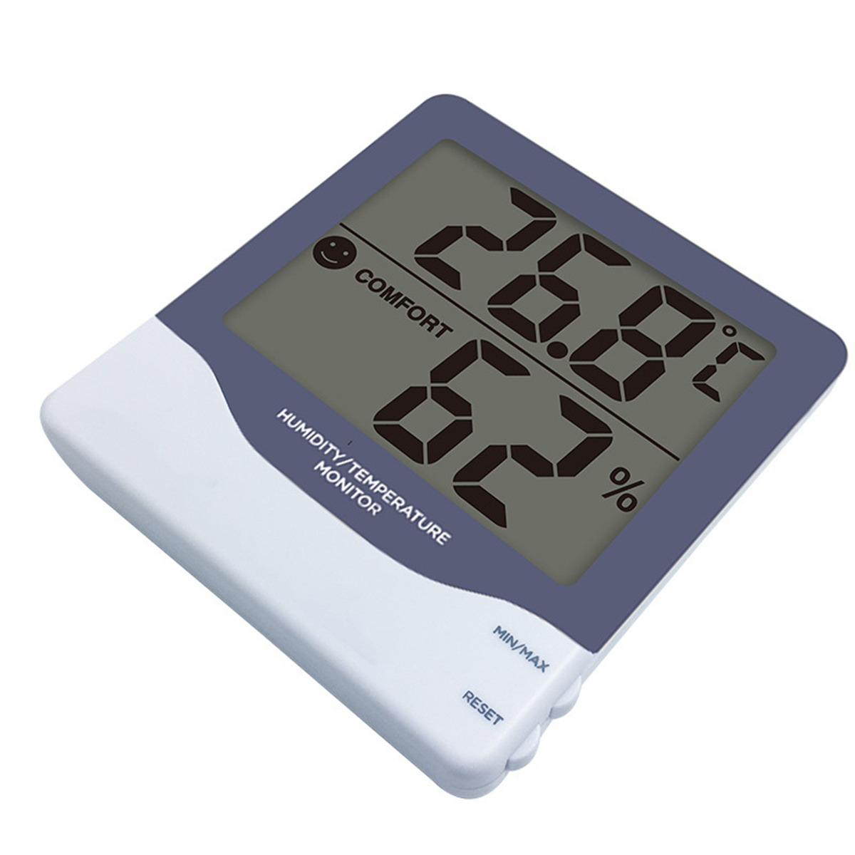 Digitalthermometer zeigt 26,8°C und 62% Luftfeuchtigkeit. Es ist mit „Comfort“ beschriftet.
