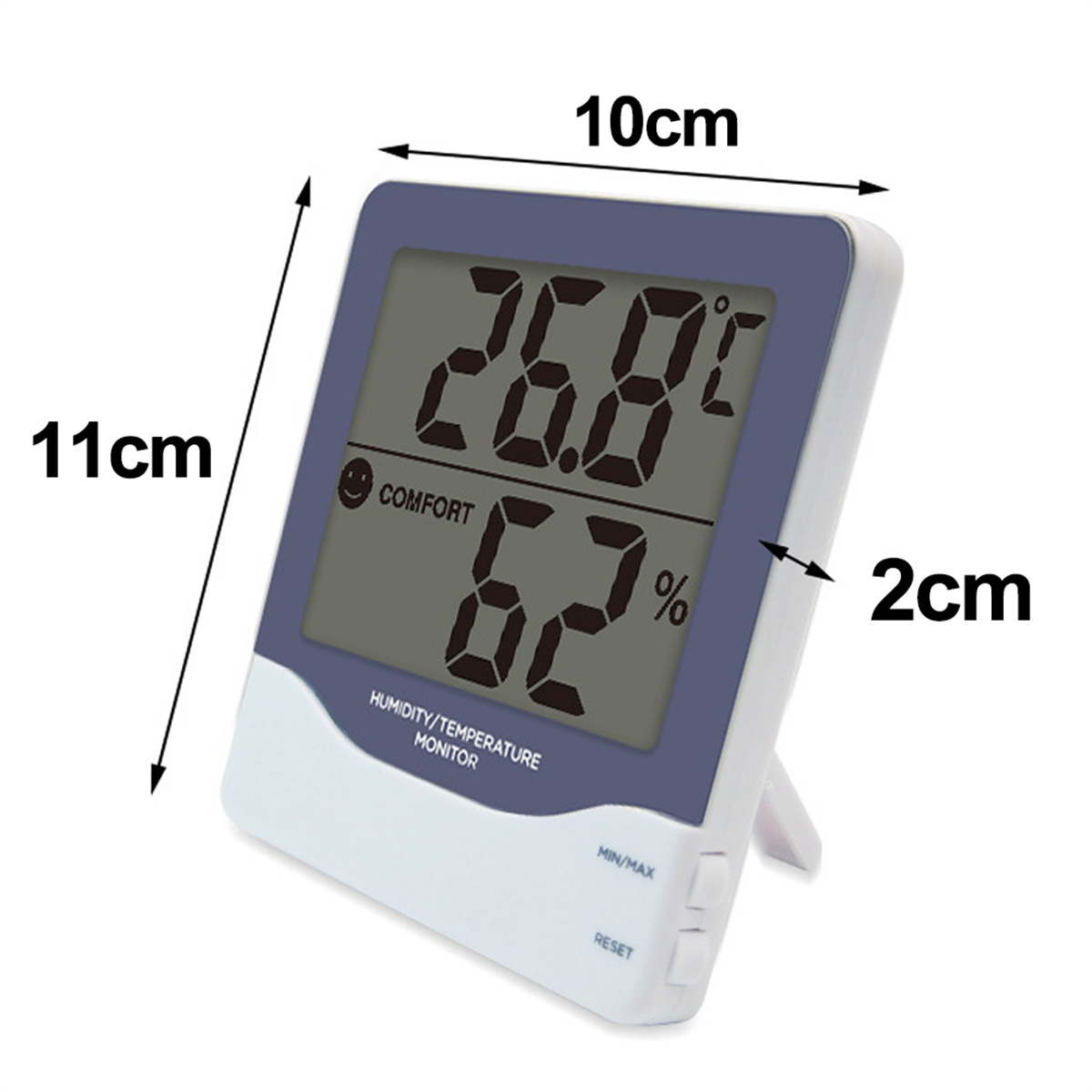 Digitales Thermometer, das Temperatur und Luftfeuchtigkeit anzeigt. Weißes und blaues Gehäuse.