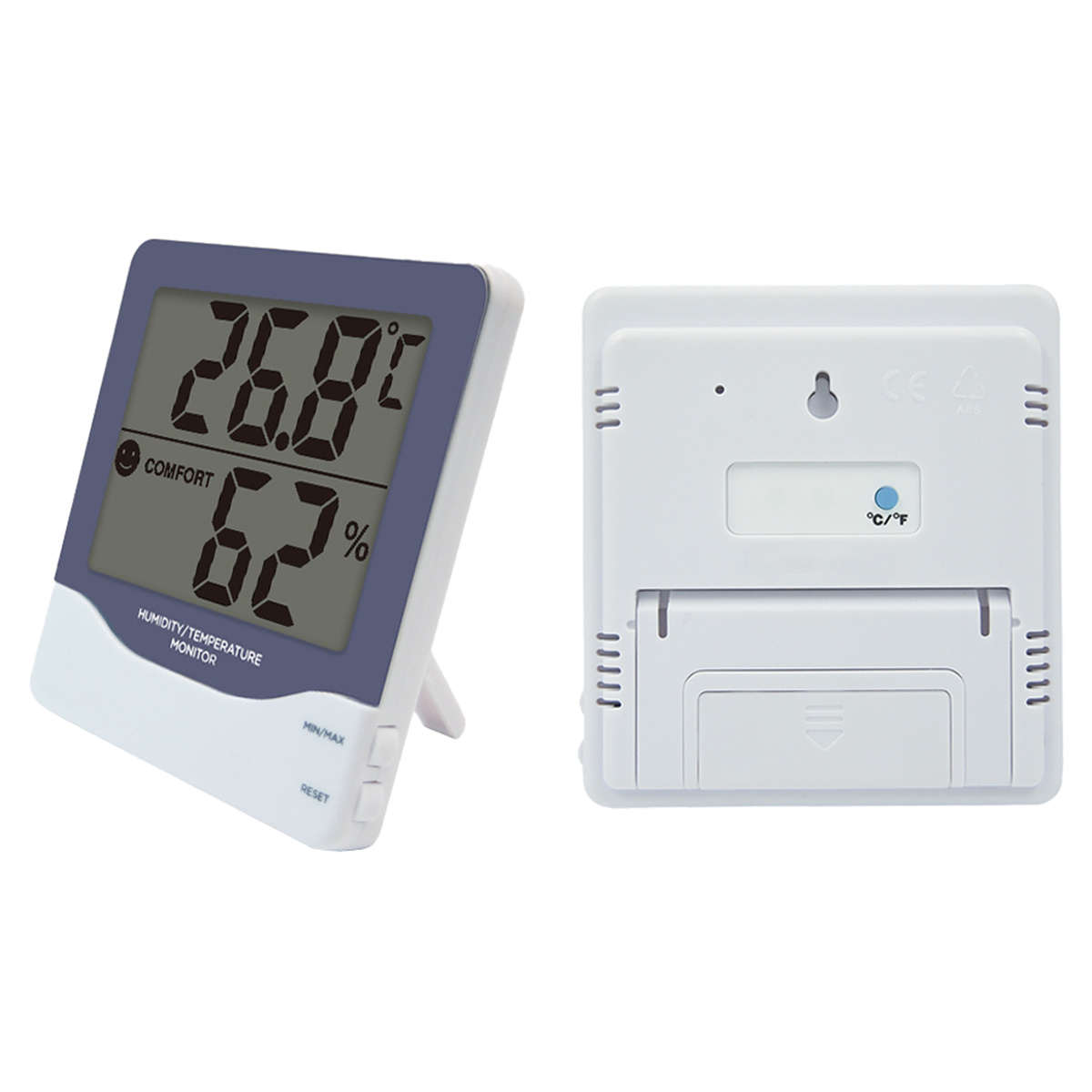 Weißer und blauer digitaler Feuchtigkeits-/Temperaturmonitor. Zeigt 26,8°C und 62%. Rückseite weiß.