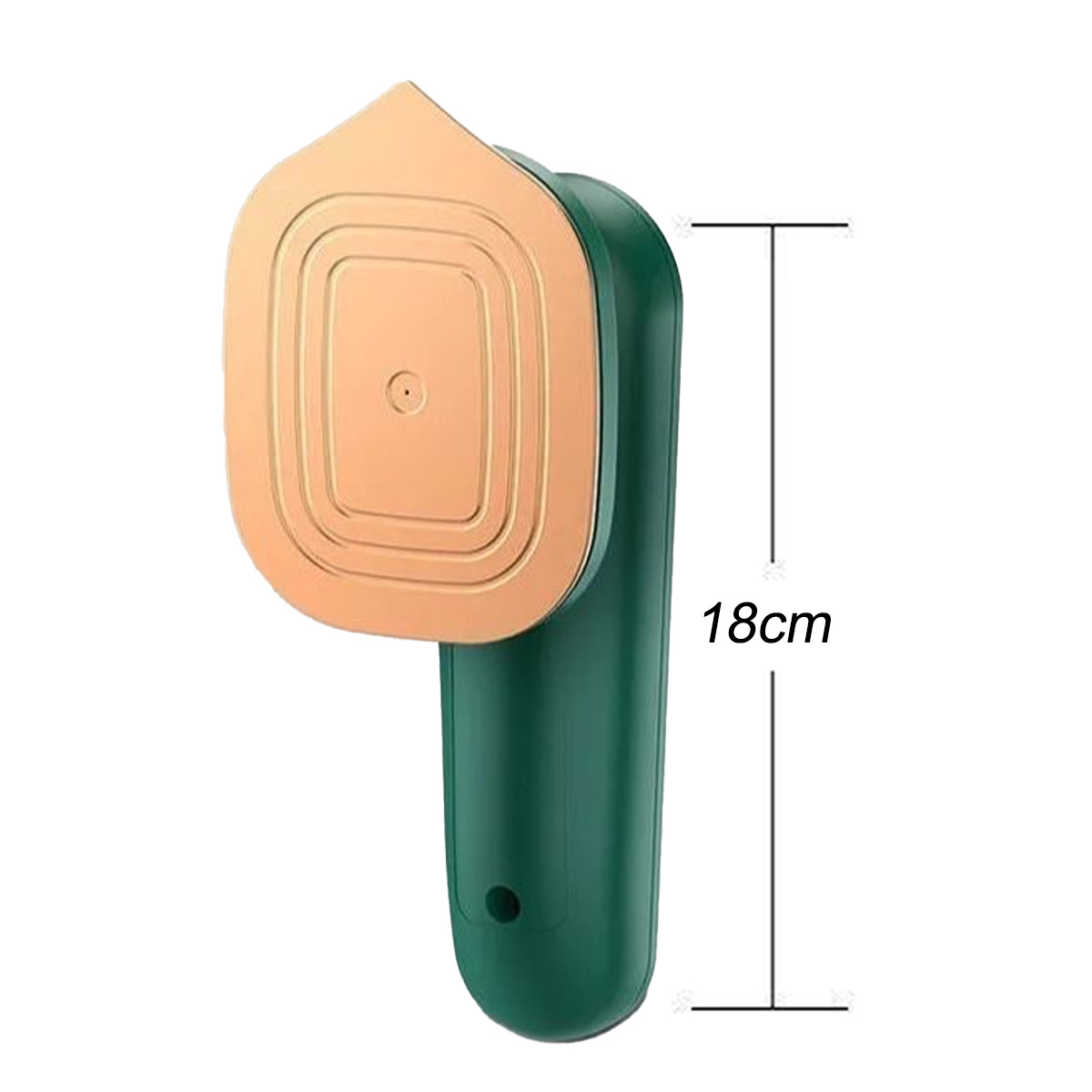Grünes und kupferfarbenes Reisebügeleisen. Es hat einen Griff und ist 18 cm hoch.