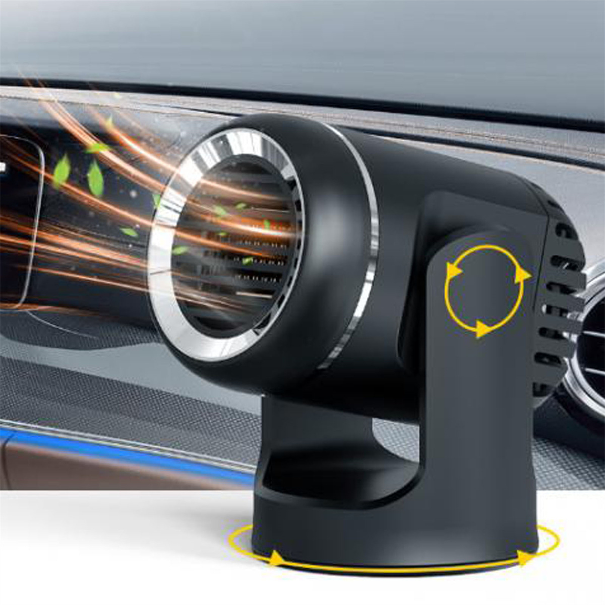 Ein schwarzer Autolüfter mit rotierendem Design, umgeben von einem Fahrzeuginnenraum.
