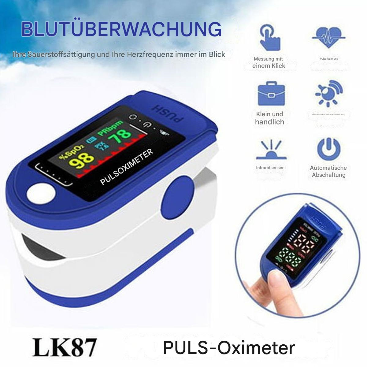 Ein Pulsoximeter mit Messwerten, mit Symbolen und Text drumherum.