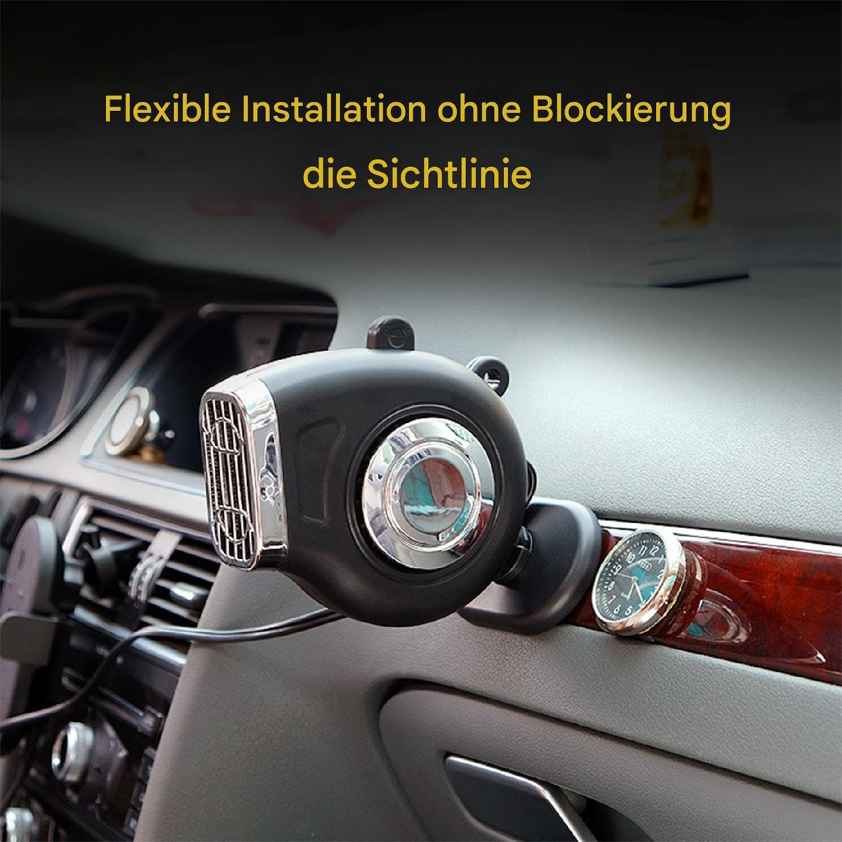 Schwarzer Auto-Luftventilatoren mit silbernem Mittelteil und Uhr.