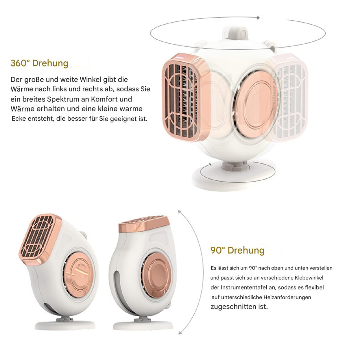 Weißer und roségoldener Ventilator mit 360- und 90-Grad-Rotationsoptionen, der seine Funktionen und sein Design zeigt.