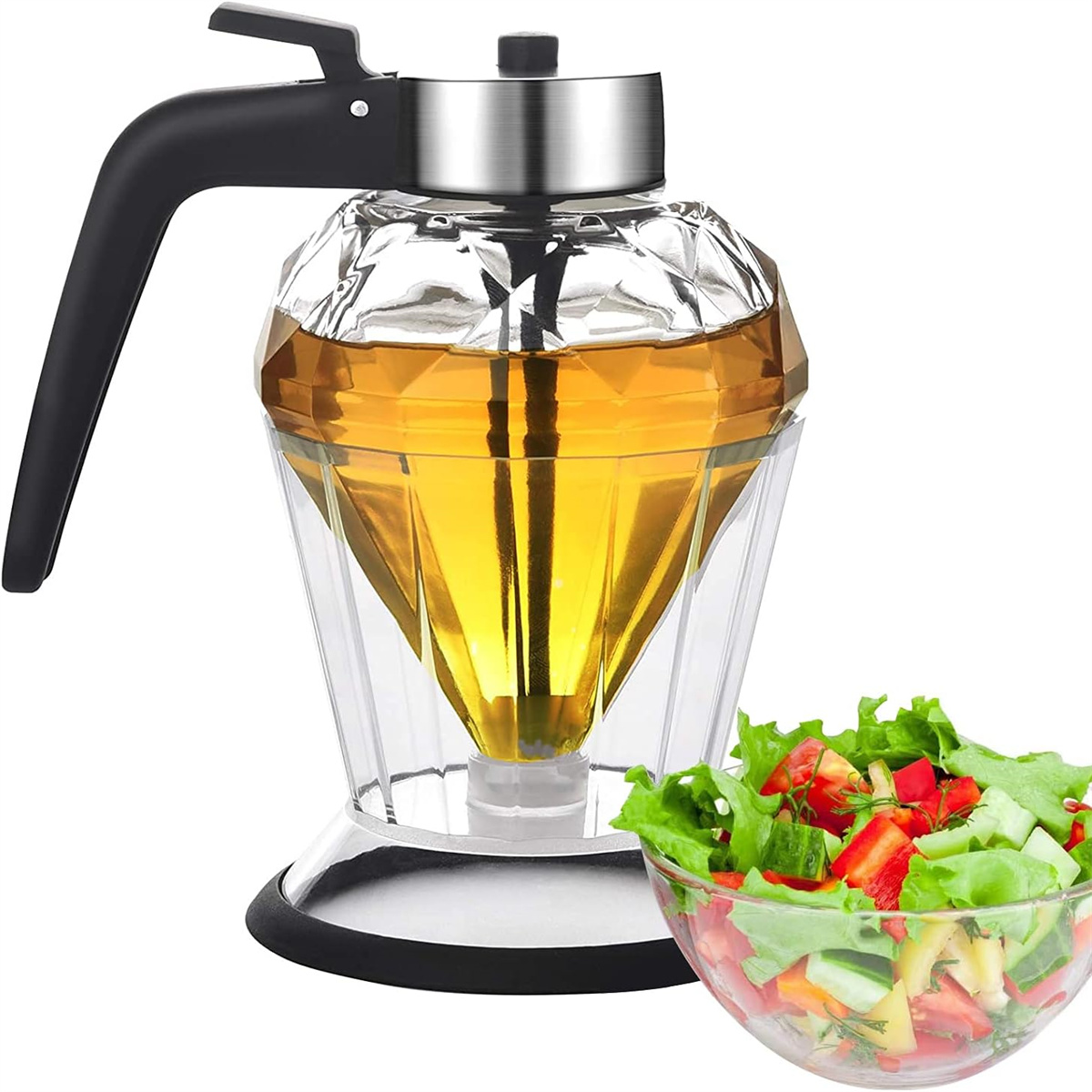 Klarer Glasölspender mit schwarzem Griff. Enthält gelbe Flüssigkeit und eine Salatschüssel daneben.