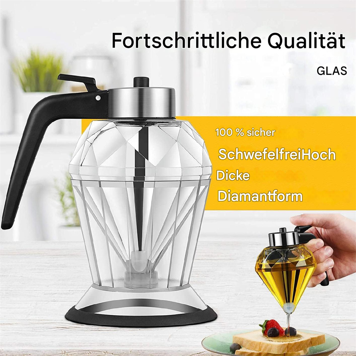 Ein klarer, rautenförmiger Ölspender. Der Text auf Deutsch lautet 'Fortschrittliche Qualität'.