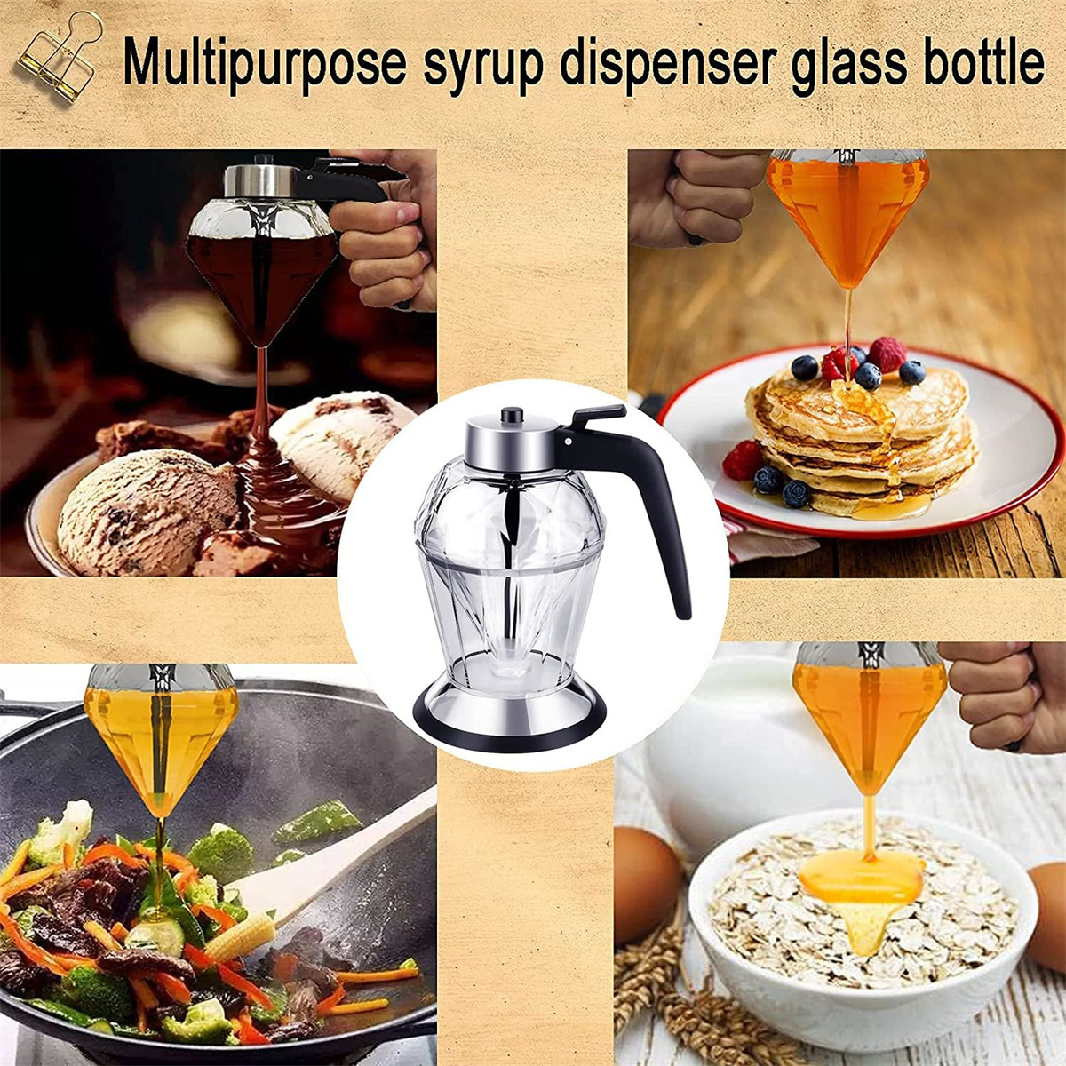 Ein Sirup-Spender, der Sirup auf verschiedene Lebensmittel gießt. Der Spender ist eine klare, rautenförmige Glasflasche.