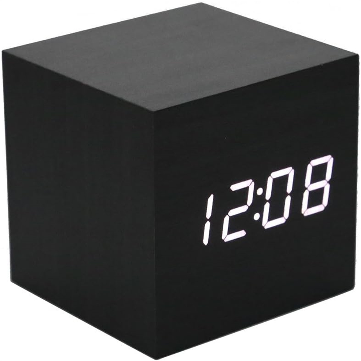 Eine schwarze, würfelförmige Digitaluhr, die die Zeit '12:08' in weißen Ziffern anzeigt.