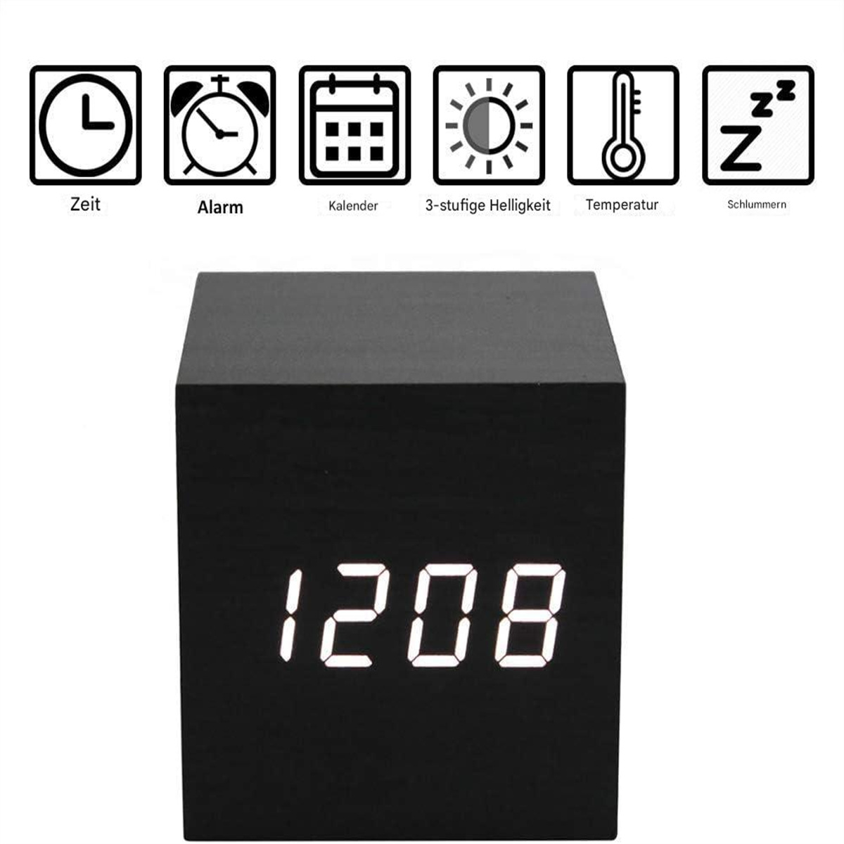 Ein schwarzer digitaler Wecker mit Symbolen für Zeit, Alarm, Kalender, Helligkeit, Temperatur und Schlummerfunktion.