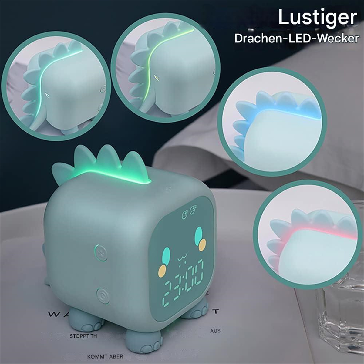 Ein mintgrüner, dinosaurierförmiger Wecker mit Digitalanzeige, zeigt verschiedene Lichteffekte.