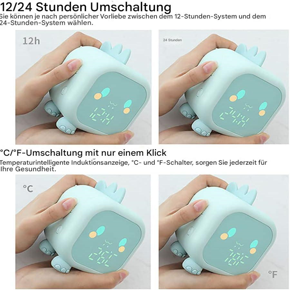 Eine blaue, dinosaurierförmige Uhr. Zeigt Zeit und Grad Celsius und Fahrenheit. Verschiedene Zeiten.