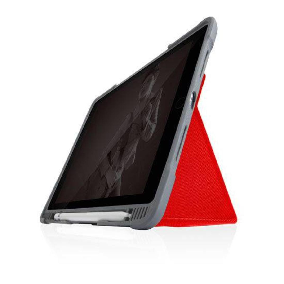 Tablet in una custodia grigia con supporto rosso. Lo schermo mostra un'immagine.