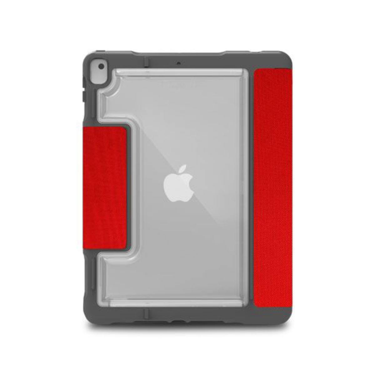 Custodia per iPad grigia e rossa con logo Apple. È su una superficie bianca.