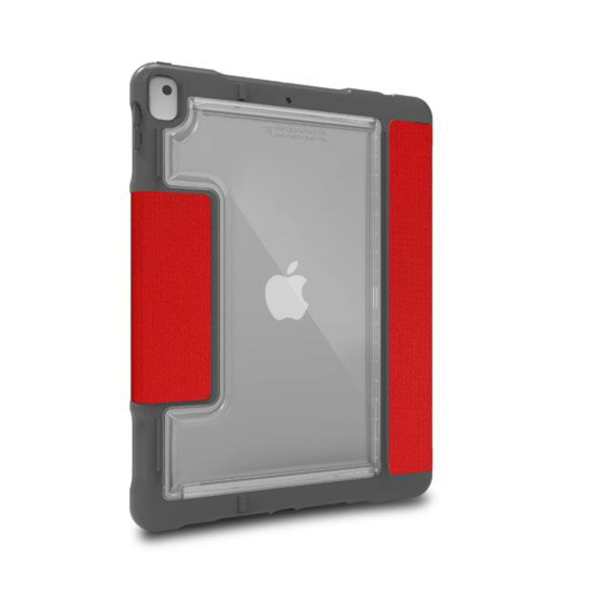 Una custodia grigia per iPad con impugnature laterali rosse e un logo Apple. È su una superficie bianca.