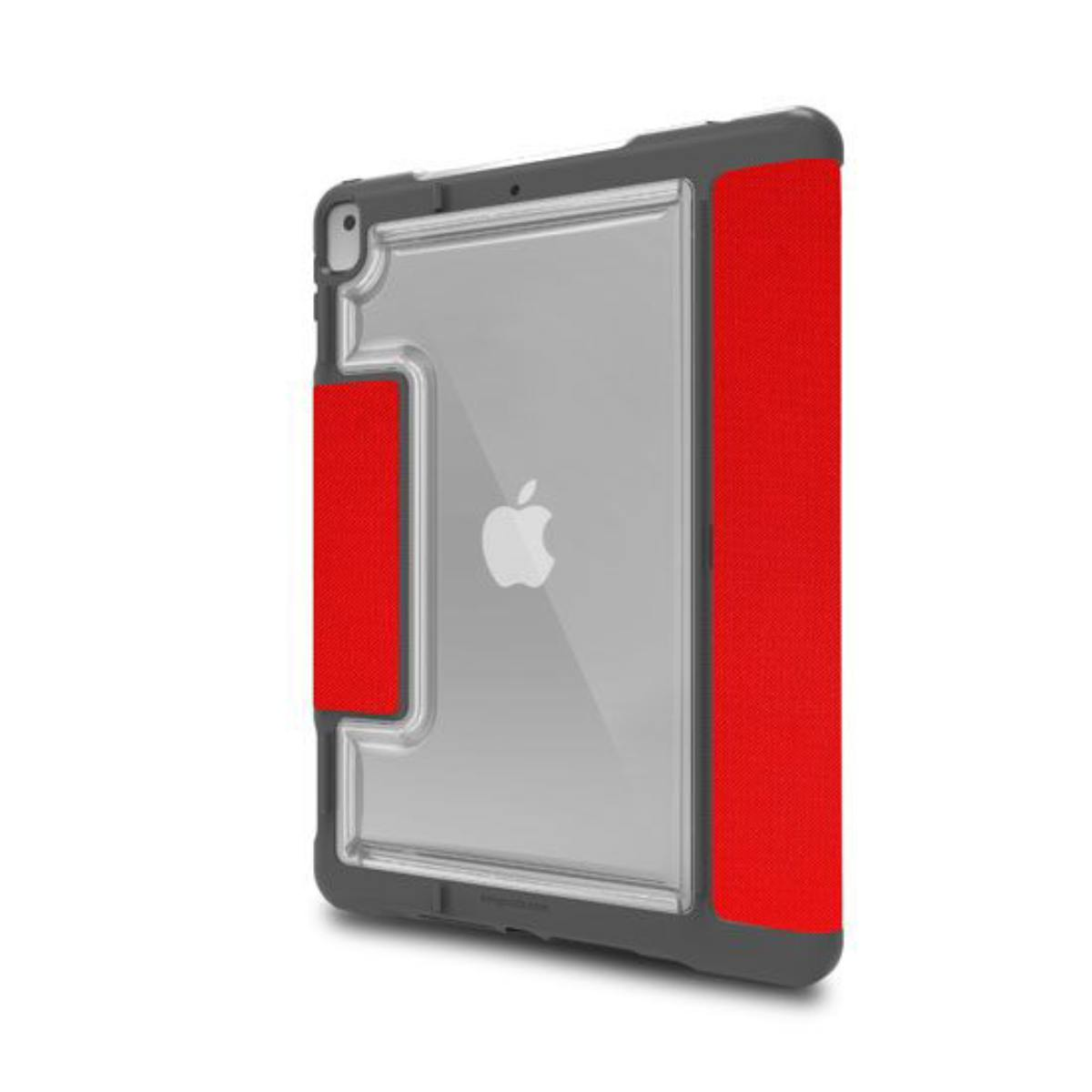 Custodia per iPad con pannelli laterali rossi. Retro trasparente, logo Apple visibile. Cornice grigia.