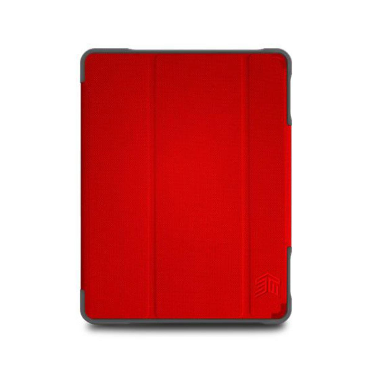 Custodia per tablet rossa. La custodia è una cover e ha una cornice grigia e un logo nell'angolo in basso a destra.