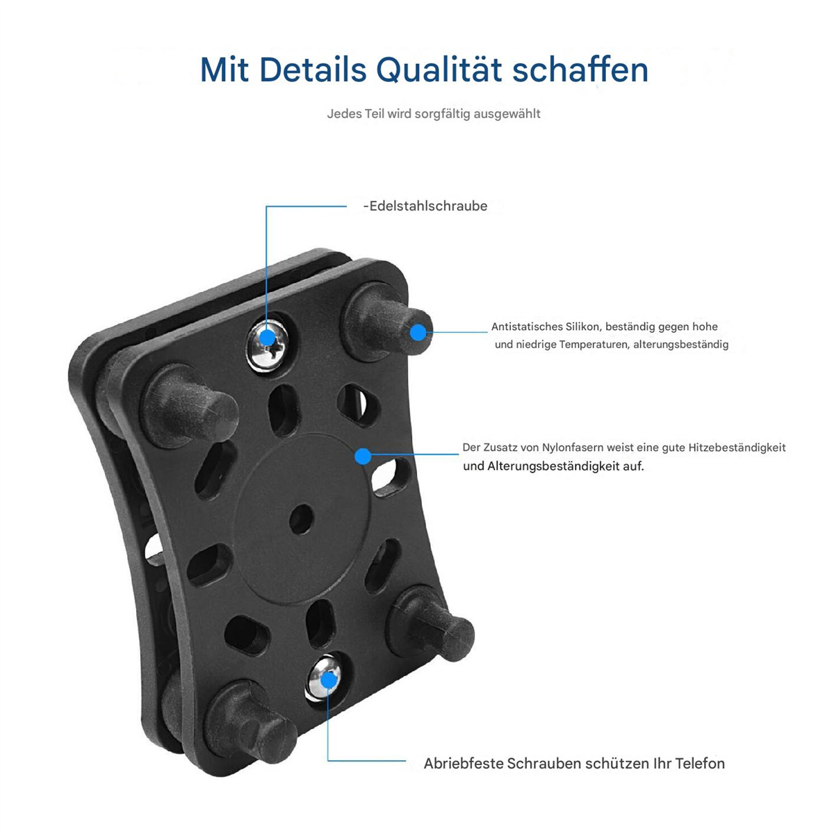 Ein schwarzes Produkt mit Komponenten, Etiketten und Text, einschließlich Schrauben und Silikon.
