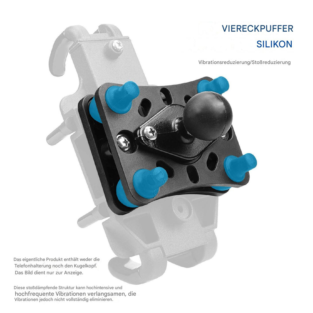 Nahaufnahme einer schwarzen Telefonhalterung mit blauen Silikonteilen. Grauer Hintergrund.