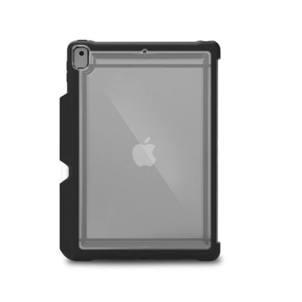 Custodia nera che contiene un tablet, che mostra il logo Apple sullo schermo.