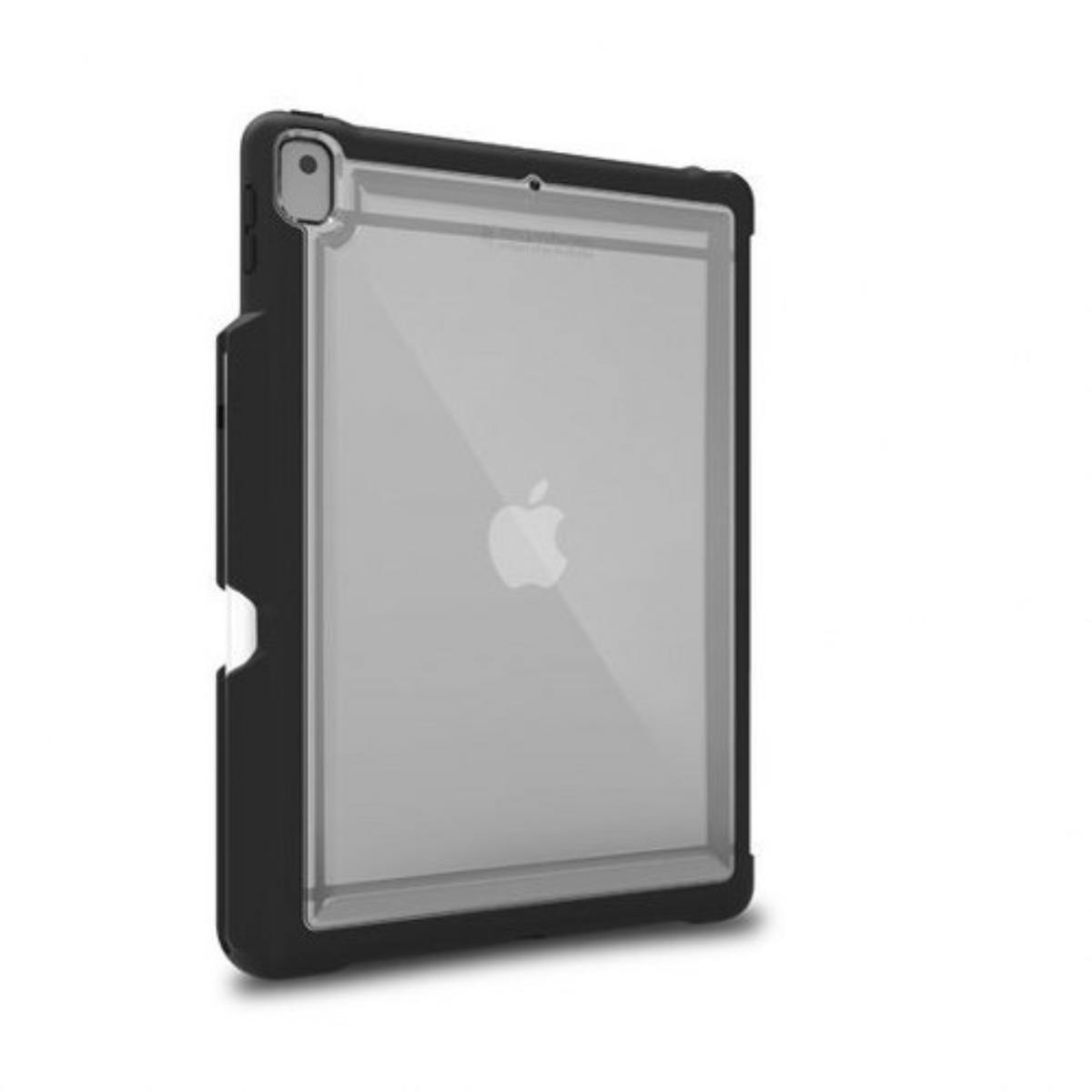 Custodia per tablet nera con retro trasparente. Un logo Apple è visibile sul tablet.