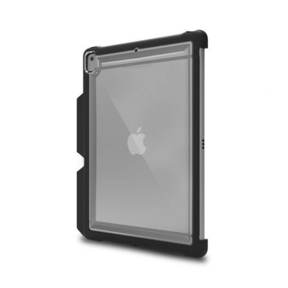 Custodia per iPad nera e trasparente; logo Apple visibile, retro trasparente.