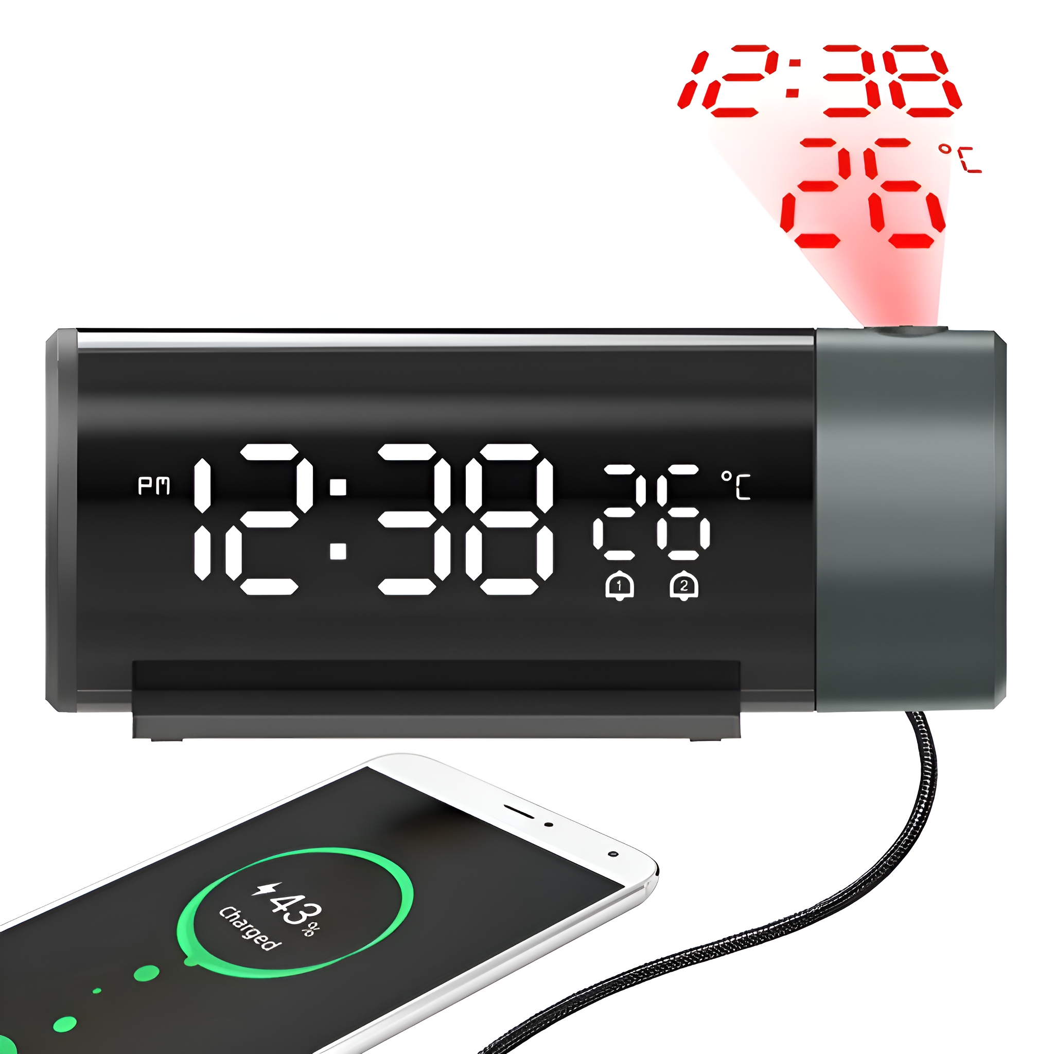 Ein digitaler Wecker mit Anzeige von 12:38 und 26 Grad, mit projizierter Uhrzeit. Ein Telefon lädt unten.