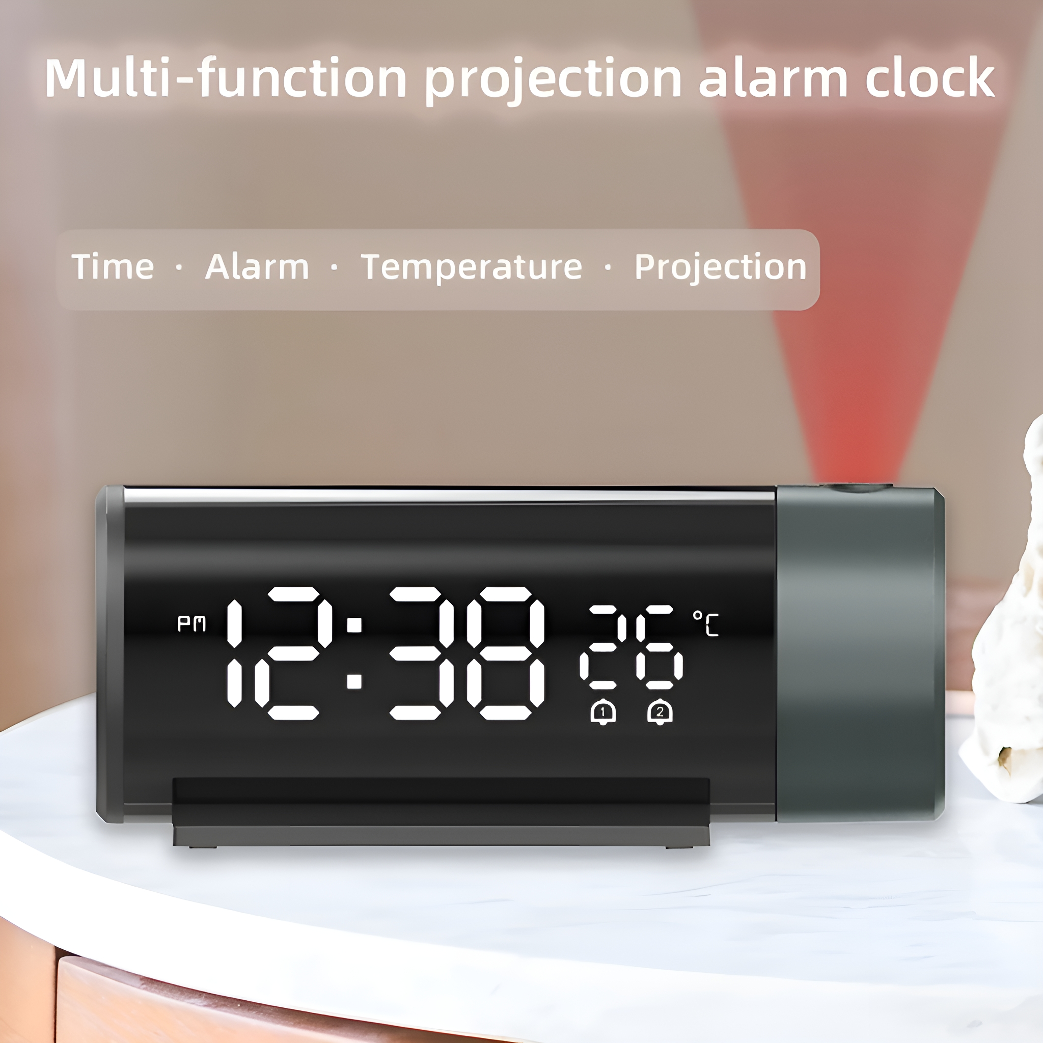 Digitaler Wecker, schwarzes Gehäuse, weiße Anzeige. Zeigt Zeit, Temperatur und Alarmeinstellungen an.