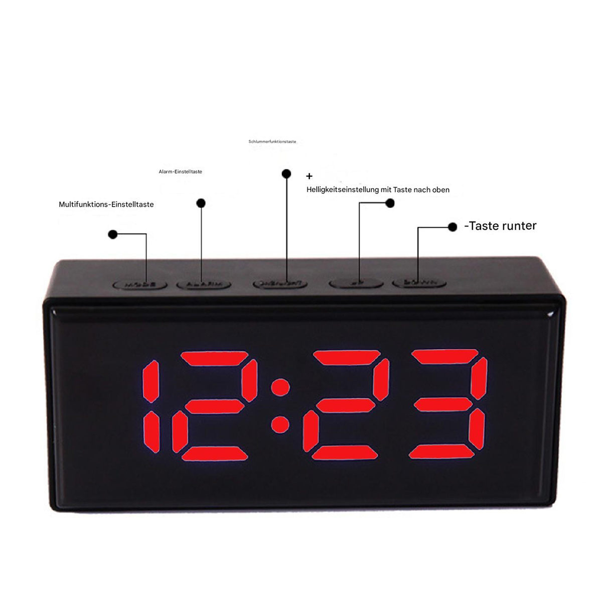 Schwarzer digitaler Wecker mit roten Zahlen und Knöpfen. Weißer Hintergrund.