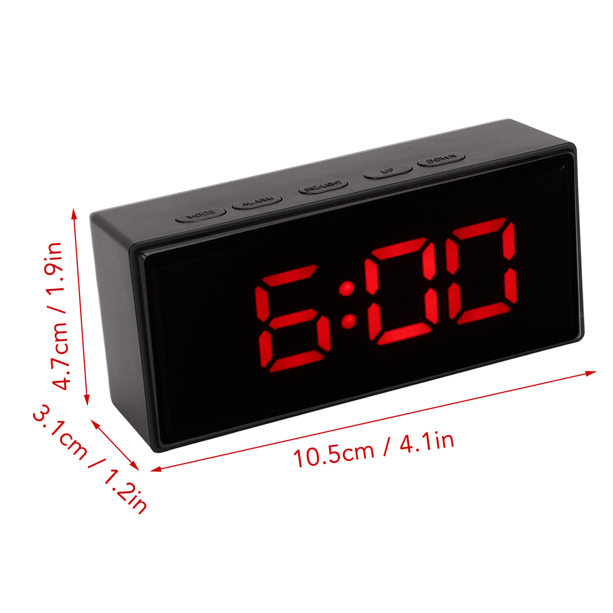 Schwarze Digitaluhr mit roter Anzeige von 6:00 Uhr, Abmessungen in cm und Zoll.