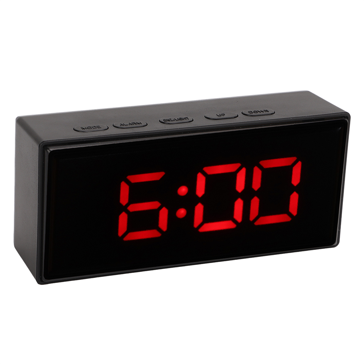 Schwarzer digitaler Wecker, der die Uhrzeit 6:00 mit hellroten LED-Ziffern anzeigt.
