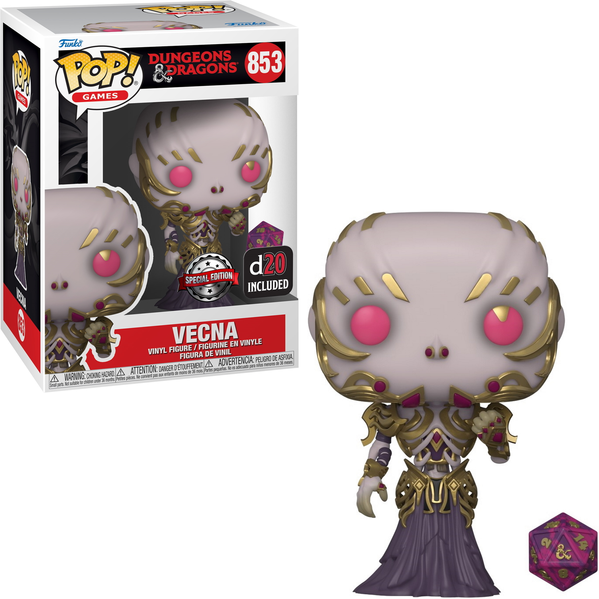 Una figura Funko Pop! di Vecna di Dungeons & Dragons, con scatola e un dado.