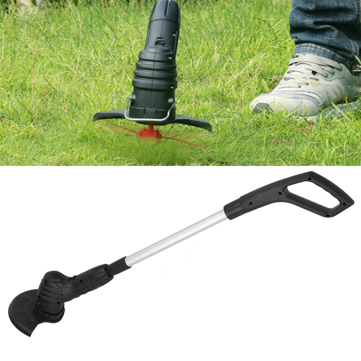 Rasenkantenschneider im Einsatz, trimmt Gras. Langer Griff, schwarze und silberne Komponenten.