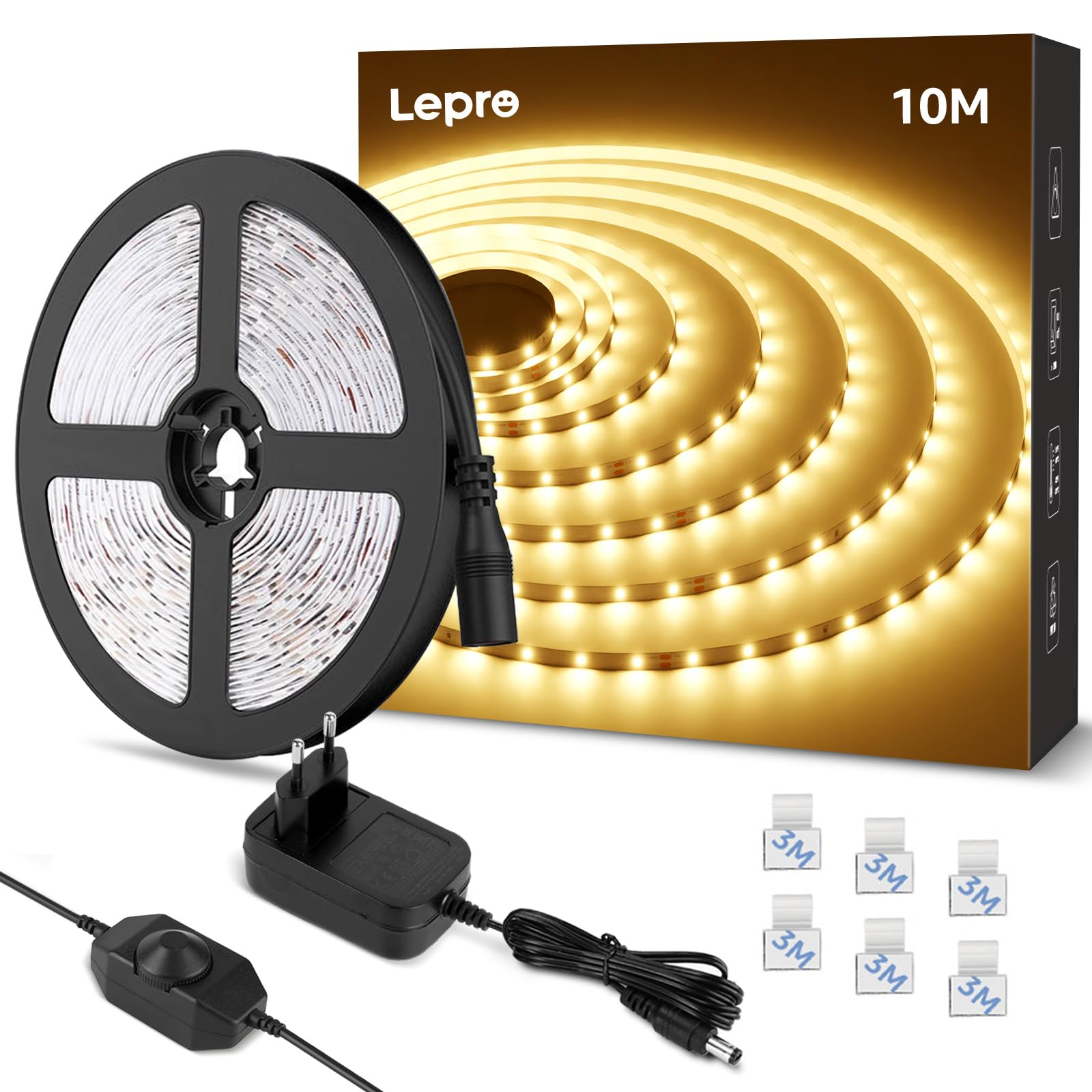 LED-Streifenlichter in einer Box. Die Lichter sind aufgerollt mit einem Netzteil und Dimmer.