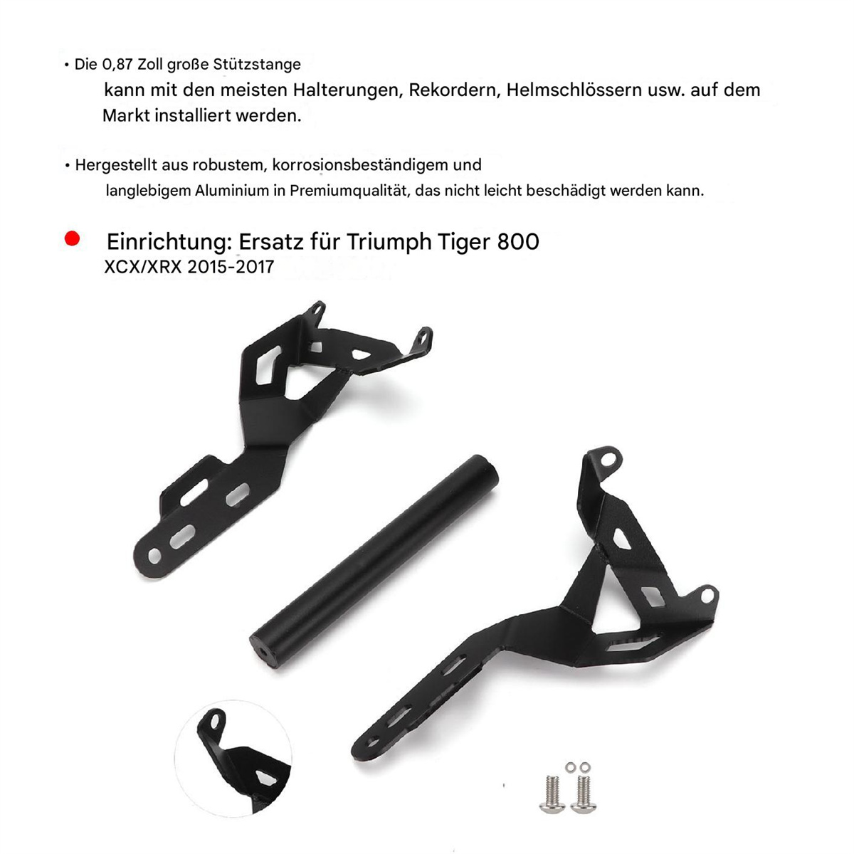 Schwarze Motorradteile aus Metall auf weißem Hintergrund. Enthält Halterungen, eine Stange und Schrauben.