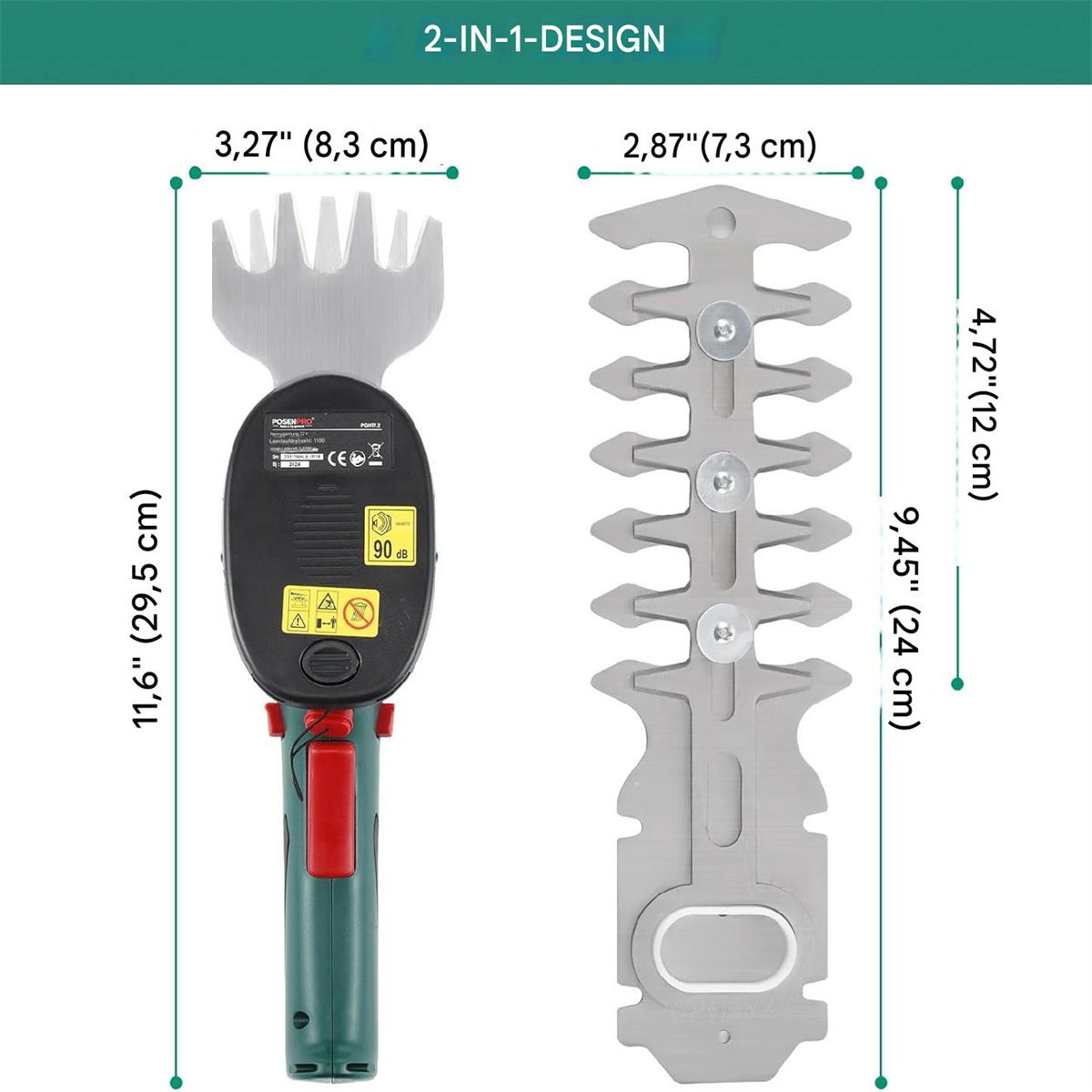 Ein Werkzeug mit 2-in-1-Design mit Messungen von 11,6"(29,5 cm), 3,27"(8,3 cm) und 2,87"(7,3 cm).