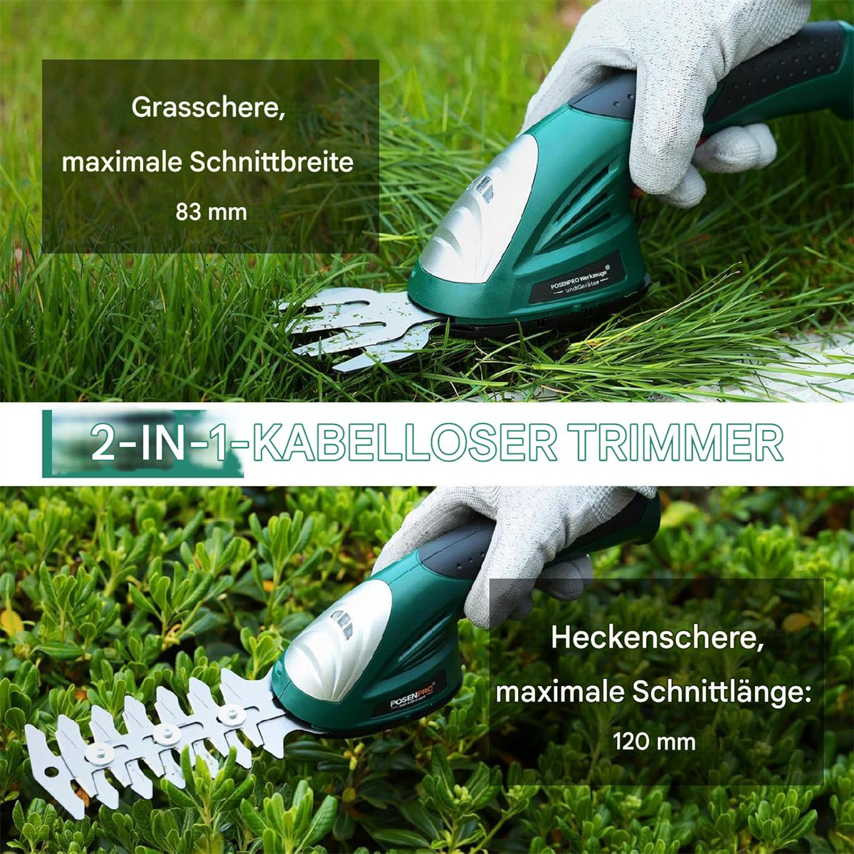 Zwei Bilder eines grünen Trimmers. Eines für Gras und eines für Hecken mit Text.