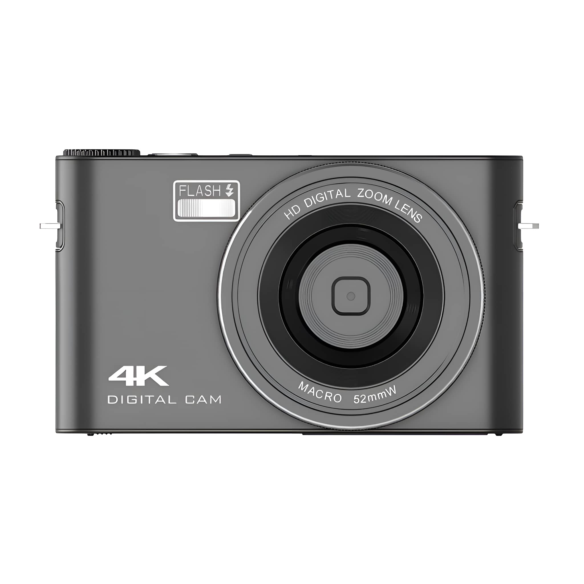 Eine graue Digitalkamera mit den Wörtern 4K, Blitz und Makro auf der Vorderseite.