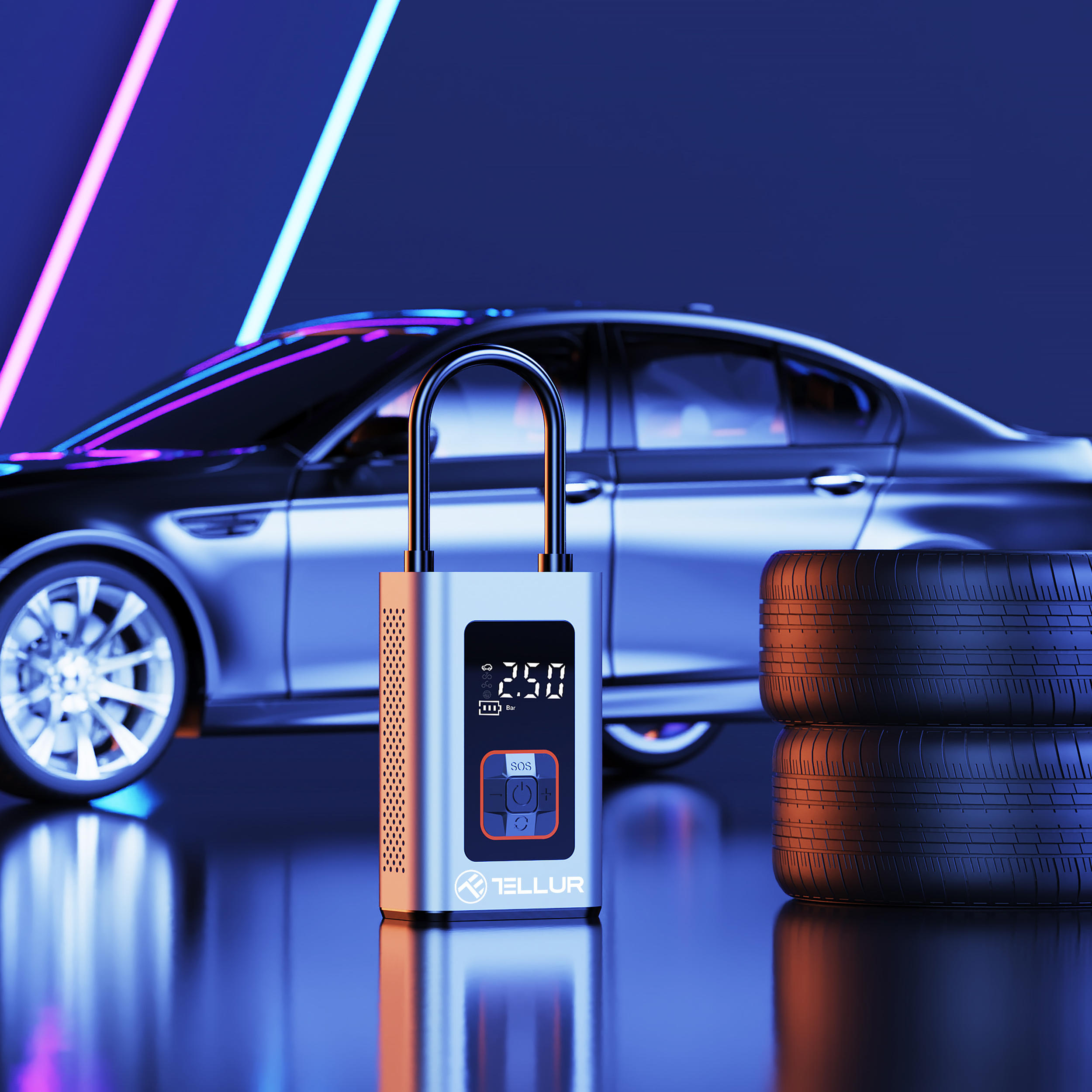 Srebrny i czarny inflator opon samochodowych. Samochód w tle z neonami. Dwie opony są ułożone w stos.