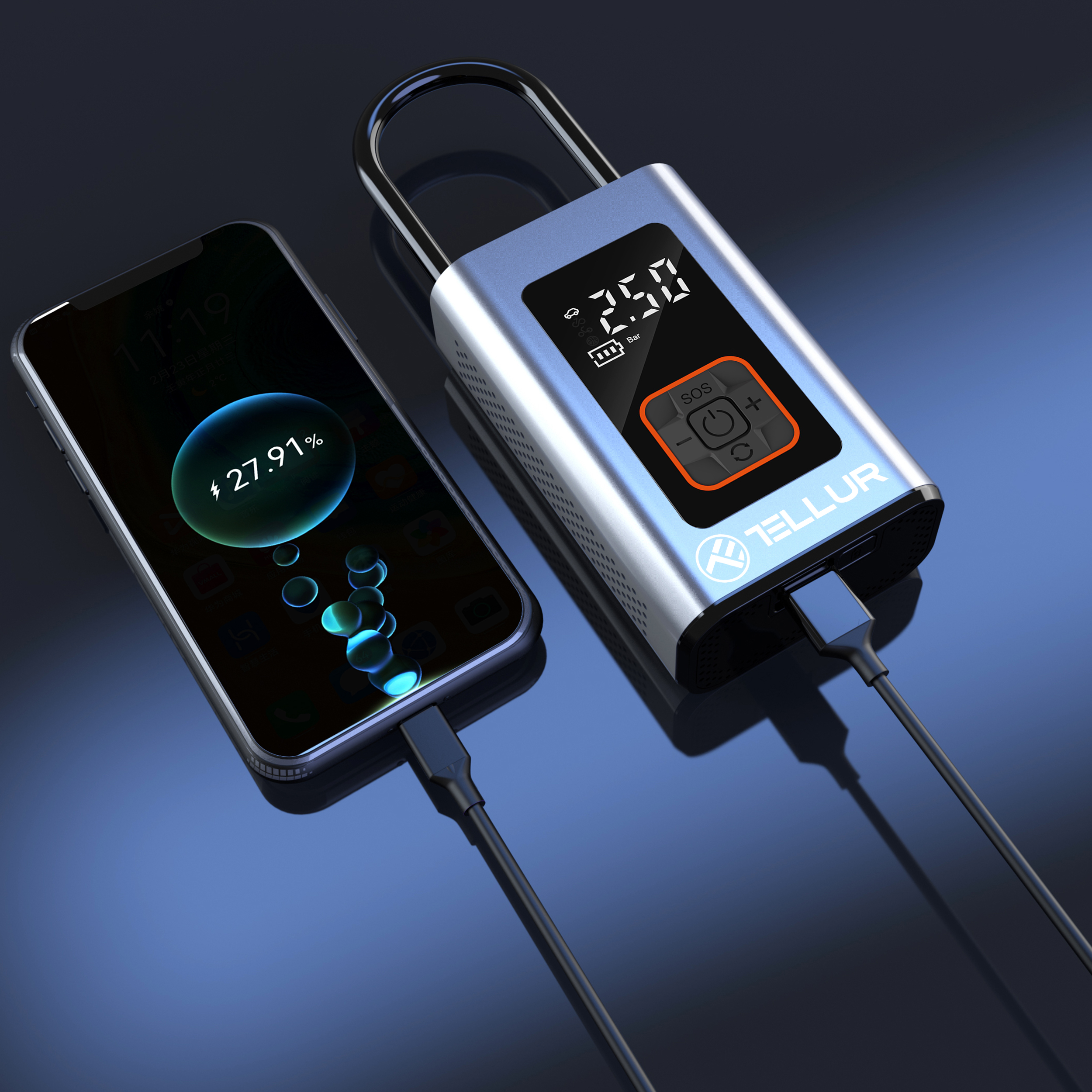 Srebrne i niebieskie urządzenie ładujące podłączone do telefonu. Telefon wyświetla procent naładowania.