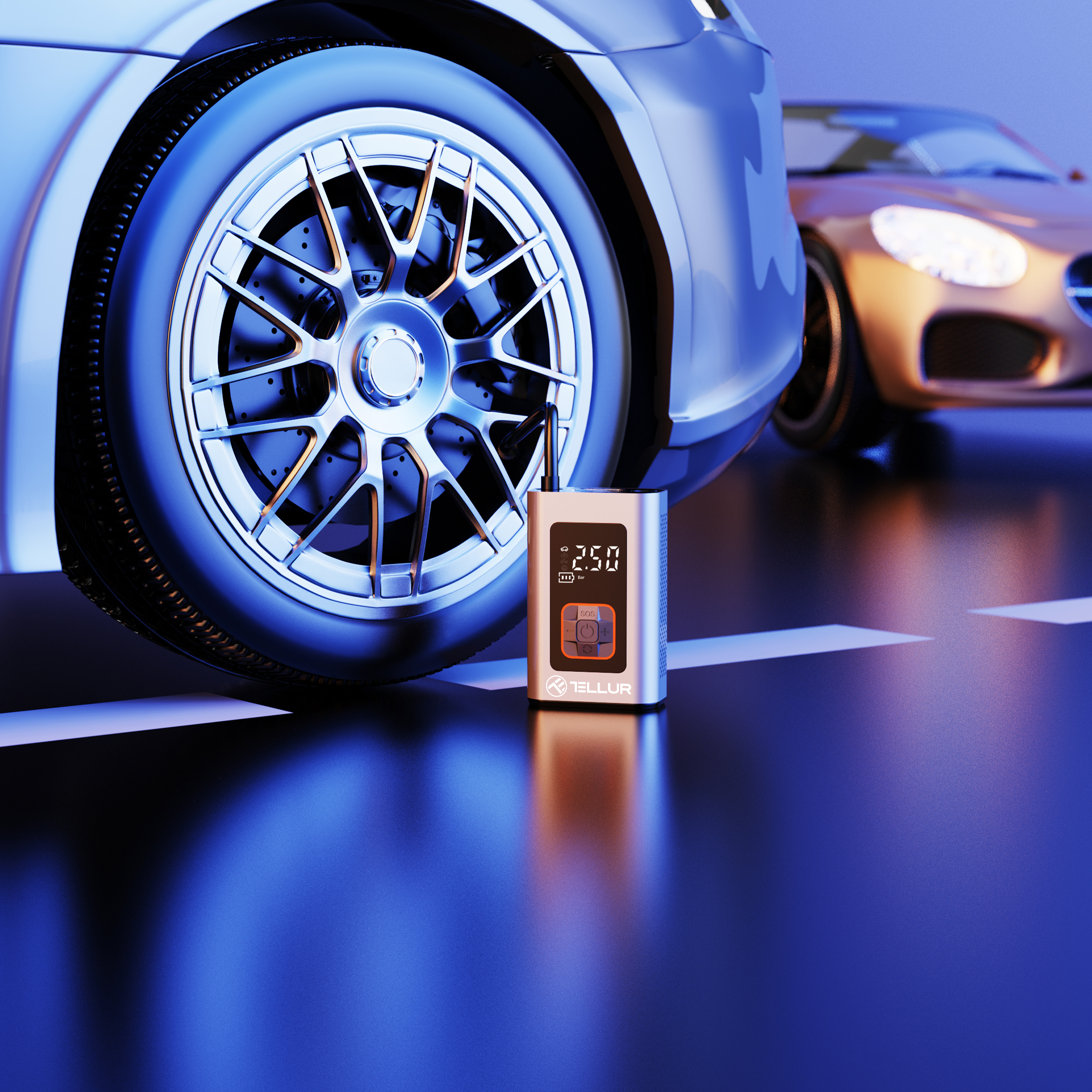 Srebrna pompka do opon obok opony samochodowej, z innym samochodem rozmytym w tle.