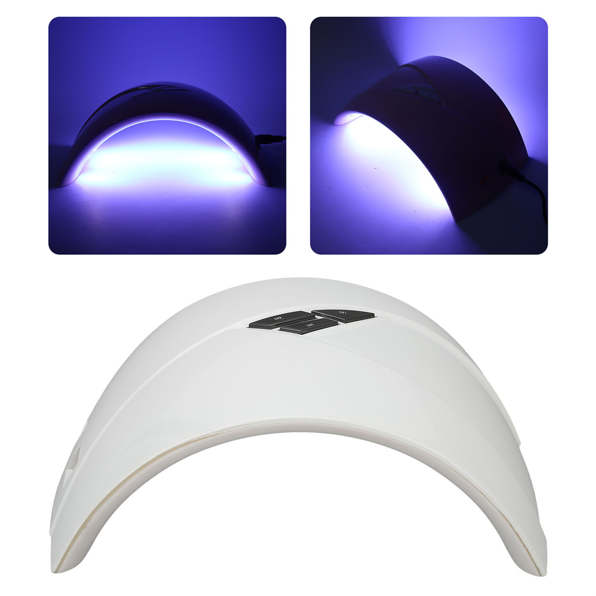 Eine weiße Nagellampe mit geschwungenem Design, zwei Ansichten zeigen das Licht an, auf weißem Hintergrund.
