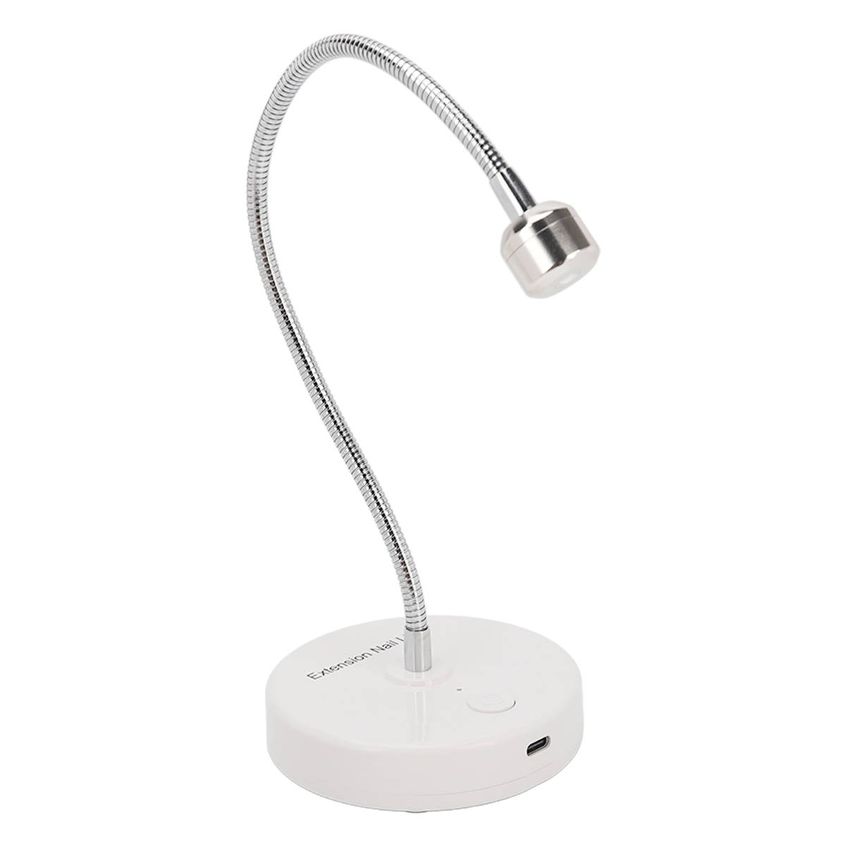 Weiße Schreibtischlampe mit flexiblem, verchromten Hals und kleinem, silberfarbenem Leuchtkopf.