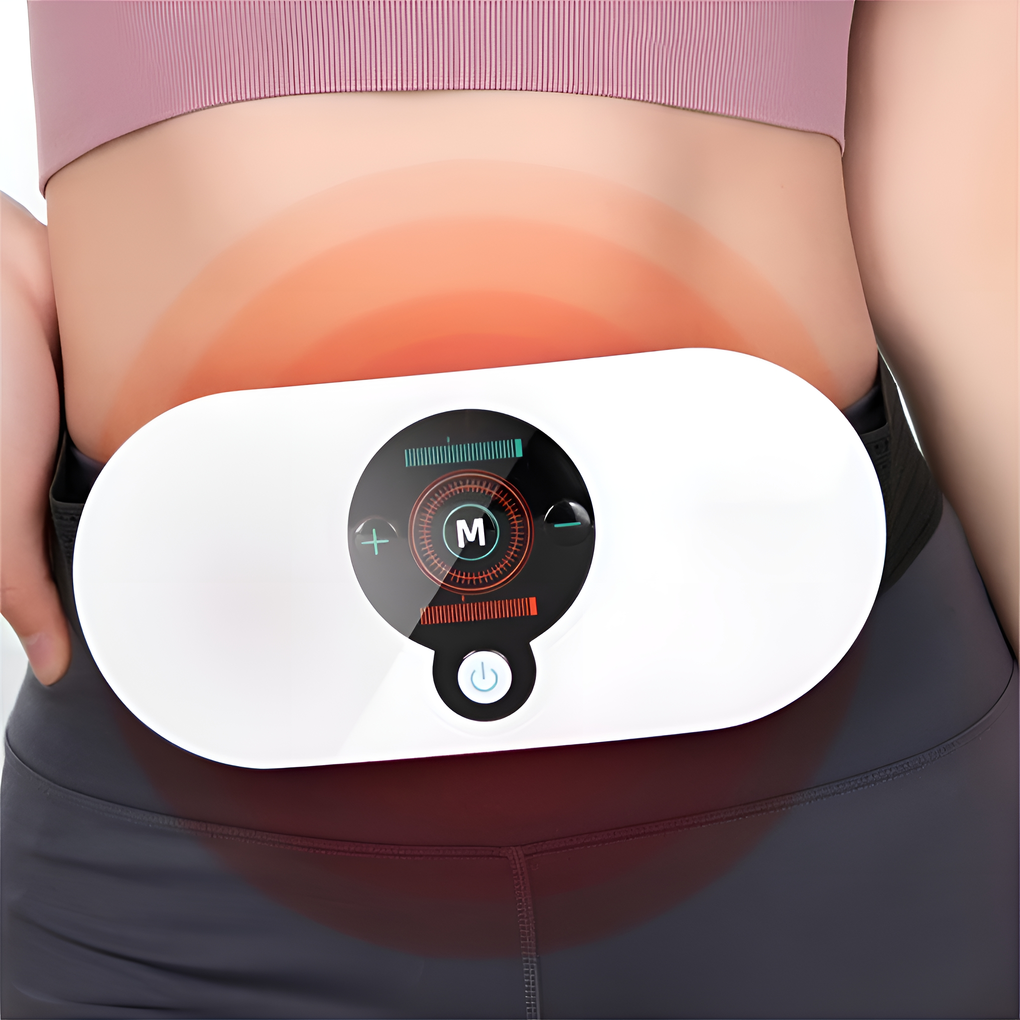 Eine Frau, die einen weißen Gürtel mit einem weißen Gerät auf dem Bauch trägt. Rote Hitzewellen gehen aus.