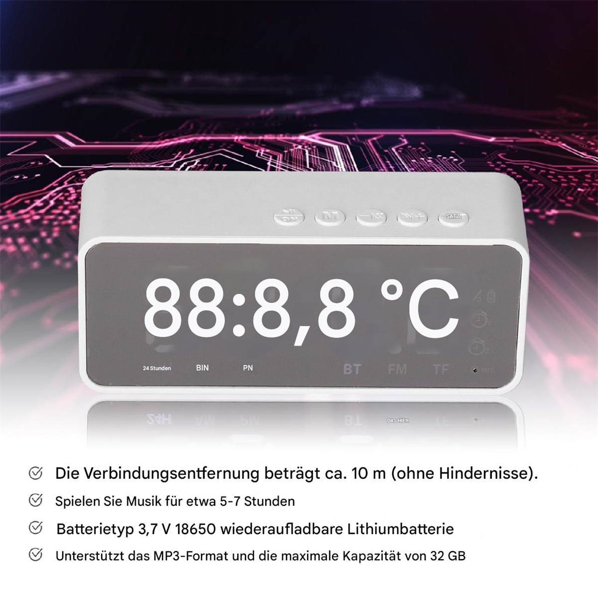 Wecker mit Digitalanzeige 88:8.8 °C, Tasten und Symbolen.