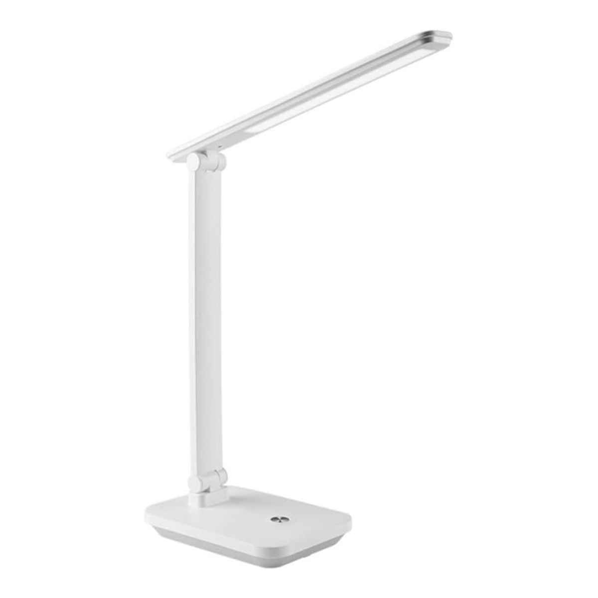 Eine weiße Schreibtischlampe mit verstellbarem Arm und rechteckigem Fuß, vor weißem Hintergrund.