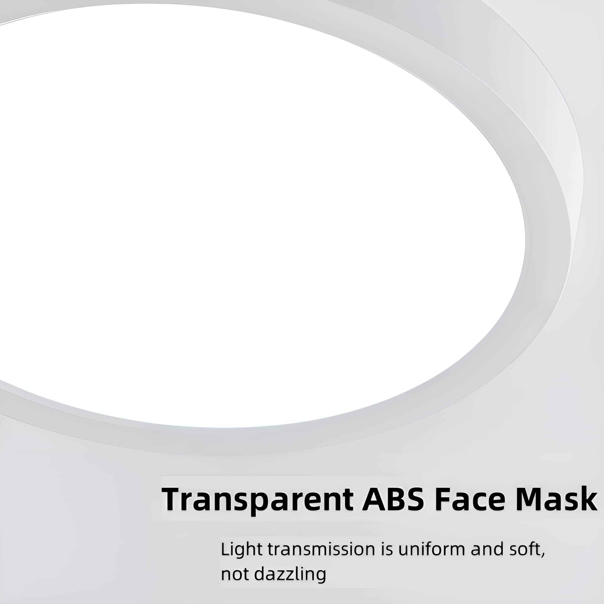 Eine weiße, gebogene Gesichtsmaske mit dem Text 'Transparent ABS Face Mask'. Es hat einen weißen Hintergrund.