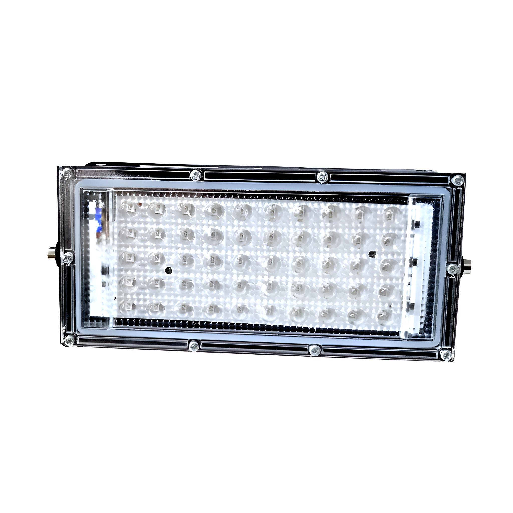 Rechteckige LED-Leuchte, silberner Rahmen, mit vielen kleinen Lichtern.