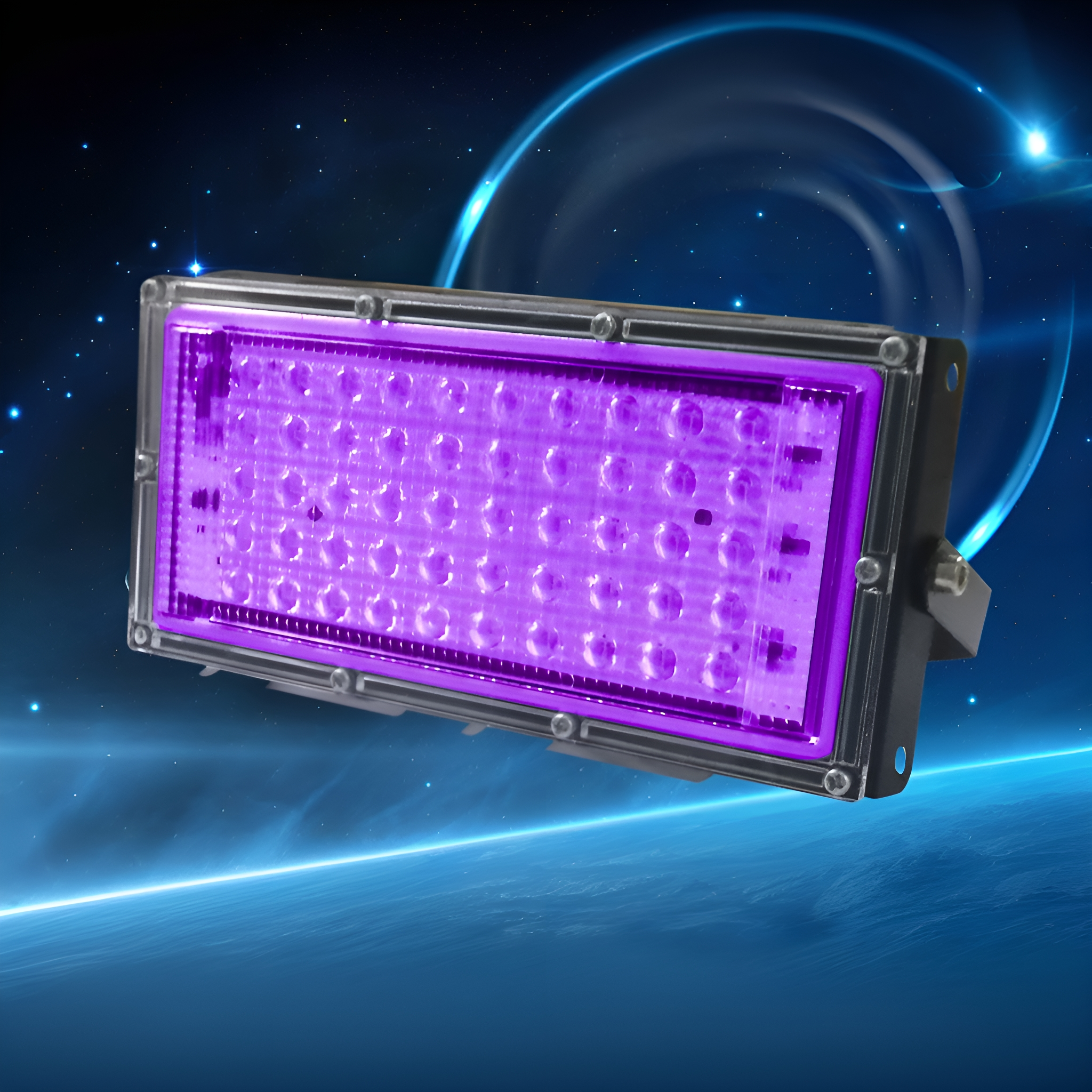 Rechteckiges lila LED-Licht mit silbernem Rahmen und blauem Hintergrund.